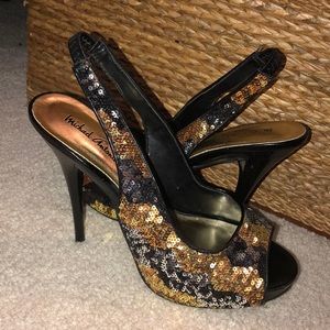 black/gold/rose gold sequined peep-toed heels!